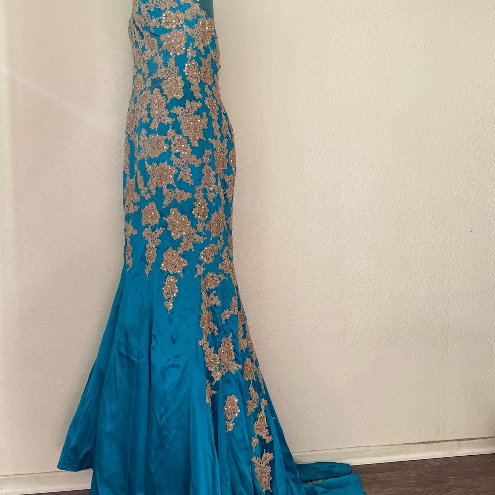 **Jovani Sweetheart Turquoise Lace Satin Mermaid Evening Gown 14 - Picture 4 of 8